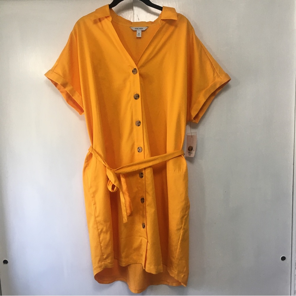 Nine West Orange Gold Yellow Sherbet Short Sleeve Shirt Dress Buttons XXL